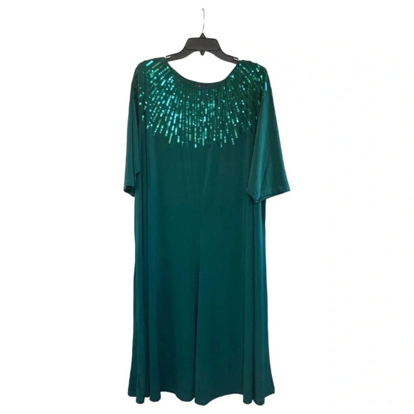 Roman's Hunter Green 2X Knee Length Swing Dress with Sequins around Neckline - Picture 2 of 7